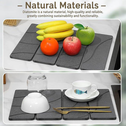 Small Stone Dish Drying Mat for Kitchen Counter, 2 PCS 16"×12" & 8"x4" Quick Dry Stone Mats, Foldable Water Absorbing Diatomite Drying Dish Pad for Countertop Bottles Utensils Cups(Carved Gray) - Image 8