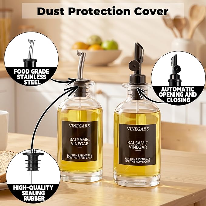 3PCS Olive Oil Dispenser Bottle For Kitchen, Soy Sauce Dispenser, Glass Oil and Vinegar Dispenser Set W. Wooden Tray & Labels & 3 Replacement Spouts, Coffee Syrup Dispenser(Clear) - Image 5
