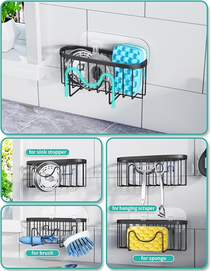 HapiRm Kitchen Sponge Holder for Sink - 2 Installation Methods Kitchen Sink Caddy Organizer with Unique M-Shaped, Rustproof Stainless Steel Sponge Caddy - Black（Large） - Image 2