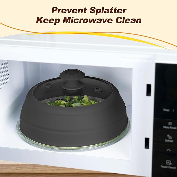 Microwave Splatter cover, Glass Microwave Cover for Food, 11.8 inch Guard Lid with Collapsible Silicone for 6-11 inch Plates & Bowls, Dishwasher Safe, 450°F Heat Resistant, BPA-Free, Black