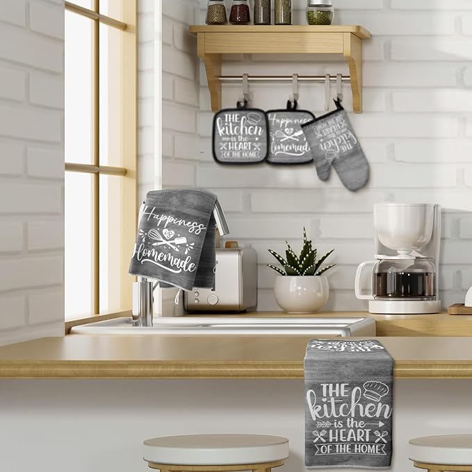 Sratte 6 Pcs Kitchen Decor Accessories Set Farmhouse Towels Pot Holders Oven Mitts Set 2 Dish Towels 2 Potholders 2 Cooking Mittens Oven Glove for Christmas Baking Cooking (Dark Gray) - Image 7