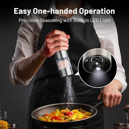 SIMPLETASTE Electric Salt and Pepper Grinder Set with LED Light, Automatic Pepper Mill Shakers with Adjustable Coarseness, One Hand Operation for Kitchen, Dining, Gifting, Silver, Battery Operated - Image 2
