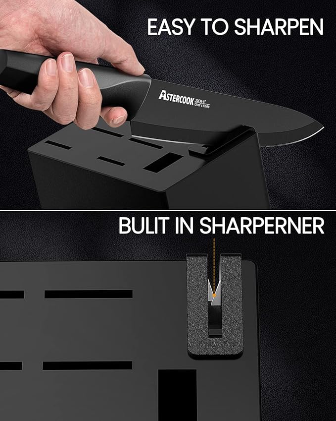 Astercook Knife Set, Kitchen Knife Set with Built-in Sharpener Block, Dishwasher Safe, 15 Pieces German Stainless Steel Knife Block Set, Black Mothers Day Gifts for Kitchen - Image 4