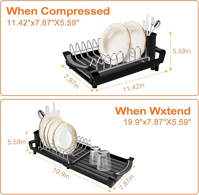 Dish Drying Rack Compact Expandable - A Space-Saving, Stainless Steel, Rust-Resistant Dish Drainer for Kitchen and Apartment Countertops/Sink Cabinets, Extendable from 11.42 to 19.9 inches(Black) - Image 2