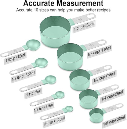 Measuring Cups and Spoons Set, 10 Pieces Nesting Measure Cups and Spoons, Kitchen Essentials Gadgets with Stainless Steel Handle for Dry & Liquid Ingredient (Lake Green 10 Pcs) - Image 2
