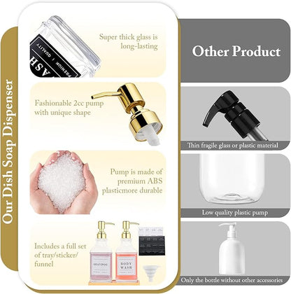 Glass Soap Dispenser with Pump,Tray,Funnel, Countertop Soap and Lotion Dispenser Set of 2 with 60 Stickers, Dish and Hand Soap Dispenser Bottle for Kitchen,Bathroom,Shower,500ml/16.9oz
