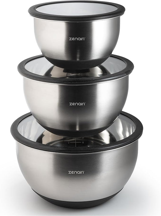 Premium Quality Stainless Steel Mixing Bowls with Lids, 3-Piece Set, Dishwasher-Safe Clear Glass Lids, No Plastics