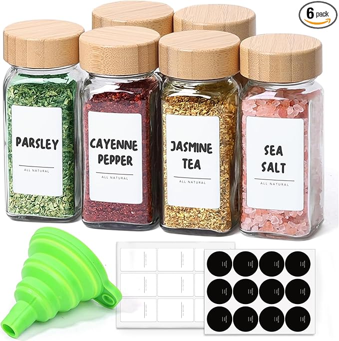 ComSaf 4 oz 6Pcs Glass Spice Jars with Label, Empty Spice Containers with Bamboo Lids, Square Seasoning Containers Trial and Supplement Set, Small Seasoning Bottles for Salt, Herbs, Sugar, Pepper by ComSaf