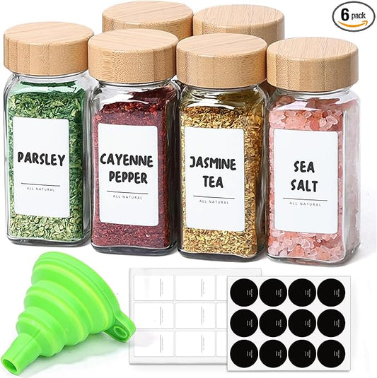 ComSaf 4 oz 6Pcs Glass Spice Jars with Label, Empty Spice Containers with Bamboo Lids, Square Seasoning Containers Trial and Supplement Set, Small Seasoning Bottles for Salt, Herbs, Sugar, Pepper by ComSaf