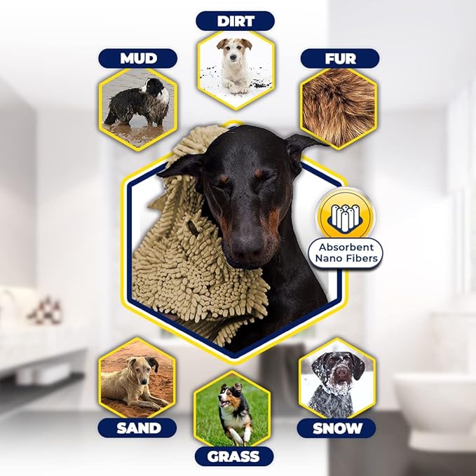 Muddy Mat® Doggy Dryer, Highly Absorbent Microfiber Washable Dog Shammy, Quick Drying Towel Absorber, Extra Soft Plush Wrap Chenille Bath Towels to Dry Soggy Large Pets & Small Puppy - Beige - Image 7