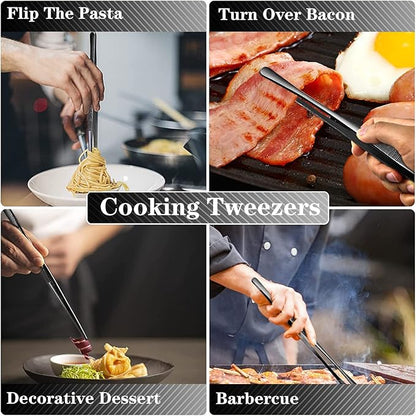 JETKONG 4 Pcs Kitchen Tweezers Professional Stainless Steel Cooking Tweezers Set, Black Kitchen Food Tweezer Tongs for Cooking, Repairing, and BBQ (10+12-Inch, Black) - Image 5