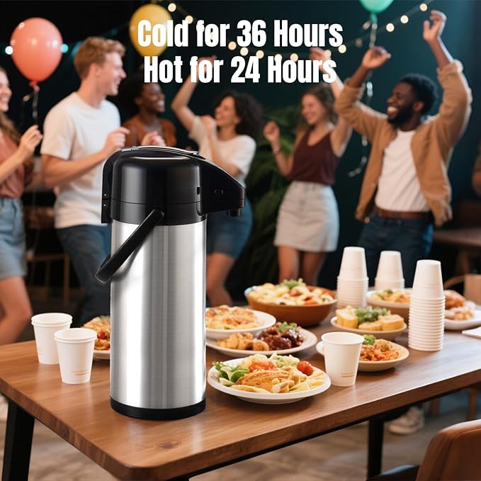 PARACITY Upgraded Airpot Coffee Carafe with Double Pump, Stainless Steel Drink Dispenser for Hot/Cold Beverage with Lazy Susan Base, Coffee Termos Para Cafe for Hot Cocoa for Parties
