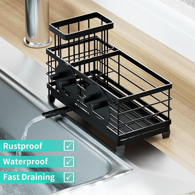 HapiRm Sink Caddy Sponge Holder - Self-draining Kitchen Sink Organizer with Smiley Face and Brush Holder, Stainless Steel Kitchen Sponge Caddy for Countertop - Black - Image 6
