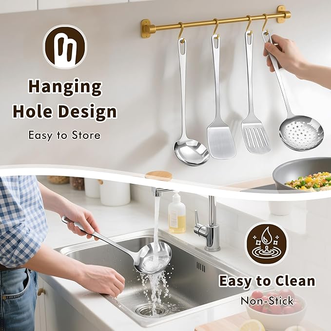 4 Pcs Cooking Utensils Set, Stainless Steel Kitchen Utensils, Heat Resistant Metal Kitchen Tools Include Solid & Slotted Turner Wok Spatula, Serving Spoon, Ergonomic Handle, Easy to Clean, Silver - Image 6