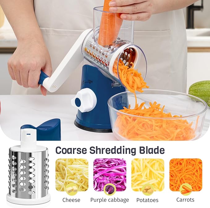 Cheese Grater Hand Crank, Rotary Cheese Shredder with 3 Interchangeable Blades for Coarse, Fine Shredding and Slicing, Strong Suction Base for Pizza, Pasta, Salad, Vegetables, Nuts, Chocolate - Image 4
