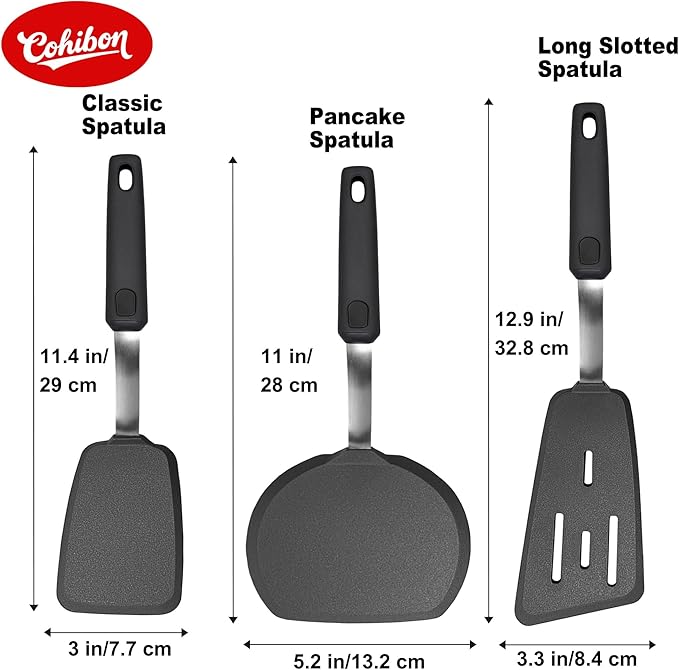 3 Piece Silicone Spatula Turner Set, Spatulas Silicone Heat Resistant Kitchen Cooking Utensils Set for Nonstick Cookware - Flexible Stainless Steel with Silicone, Dishwasher Safe