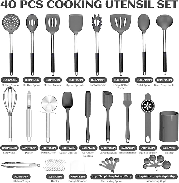 Silicone Cooking Utensils Set Utensil: 40 Pcs Black Stainless Steel Cookware Set, Nonstick Silicone Cooking Utensils Set, (Grey) - Image 7