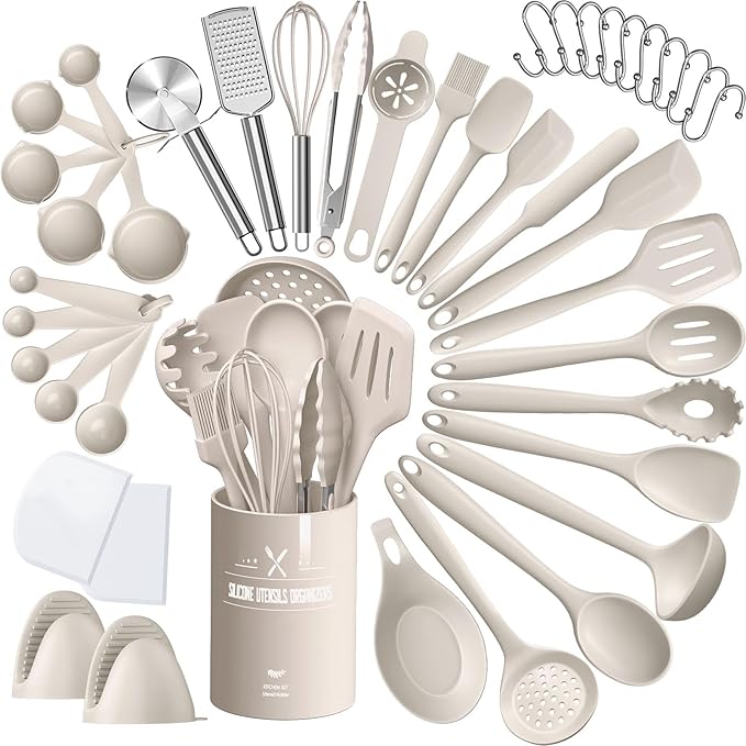 Silicone Kitchen cooking Utensils Set, AIKKIL 43 Pcs Heat Resistant Khaki Cooking Utensils Set, Turner, Tongs, Spoon, Spatula, Kitchen Gadgets Tools Set For Nonstick Cookware(Dishwasher, BPA Free) by AIKKIL