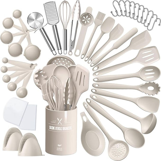Silicone Kitchen cooking Utensils Set, AIKKIL 43 Pcs Heat Resistant Khaki Cooking Utensils Set, Turner, Tongs, Spoon, Spatula, Kitchen Gadgets Tools Set For Nonstick Cookware(Dishwasher, BPA Free) by AIKKIL