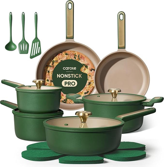 CAROTE Pots and Pans Set Non stick, 18pcs NonStick Kitchen Set Induction Cookware Non-toxic Cooking Set, Dishwasher/Oven Safe,Cookware Set,Green by CAROTE