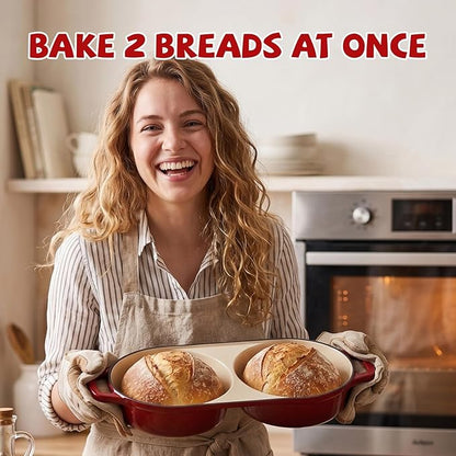 Double Dutch Oven Pot with Lid, Enameled Cast Iron Bread Loaf Pan, Dutch Oven For Sourdough Bread Baking, 500°F Oven Safe Non Stick Dual Round Bread Pan, 16.5cm Diameter Loaf Pans, Red