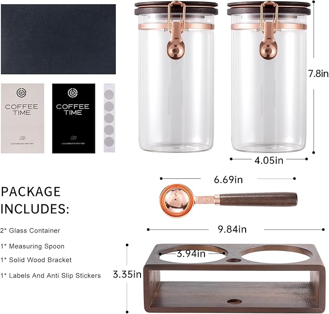 Glass Coffee & Sugar Canister Set, 2×45OZ Airtight Glass Storage Jars with Wooden Shelf and Scoop, Airtight Food Containers for Coffee Beans, Ground Coffee, Sugar and Tea（Rose Gold） - Image 2