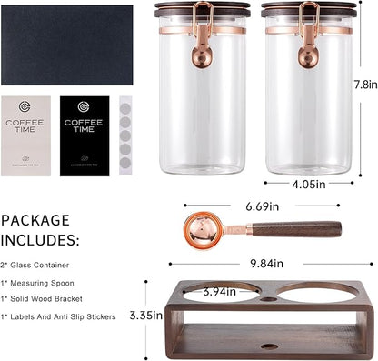 Glass Coffee & Sugar Canister Set, 2×45OZ Airtight Glass Storage Jars with Wooden Shelf and Scoop, Airtight Food Containers for Coffee Beans, Ground Coffee, Sugar and Tea（Rose Gold） - Image 2