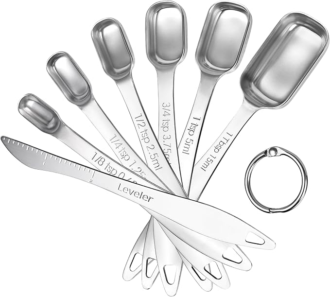 U-Taste Narrow Square Measuring Spoons: 18/8 Stainless Steel Kitchen Measure Teaspoon Tablespoon with Leveler, Polygon Rectangular Metal Jar Scoop for Baking Cooking, Coffee, Spice, Powder (Set of 7) by U-Taste
