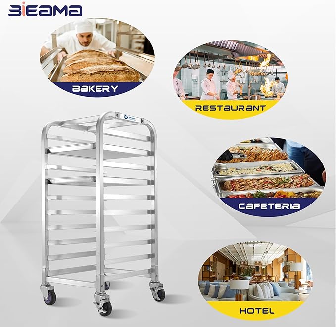 BIEAMA 10-Tier Half Sheet Pan Rack, NSF Bun Pan Rack, Aluminum Bakery Rack, Commercial Kitchen Bakery Cooling Rack, Speed Rack with 4 Wheels for 18" x 13" Sheet Pan - Image 8