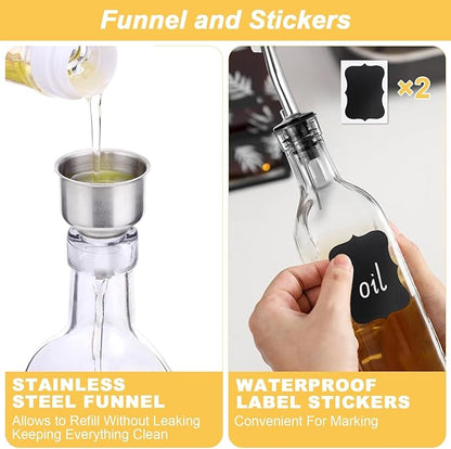 Olive Oil Dispenser Bottle, 1 Pcs Glass Oil and Vinegar Dispenser Set with 2 Stainless Steel Pourers, 2 Labels,1 Brush and 1 Funnel Oil Bottles for Kitchen (17oz/500ml)