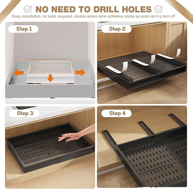 Seinloes 2 Pack Pull Out Cabinet Organizer With Raising Pad for Framed Cabinets,Expandable Width (15"-25") and Depth (17"-24"),3 Slide Rails Slide Out Drawers with Handle,No-Drill Roll Out Shelf,Black - Image 8