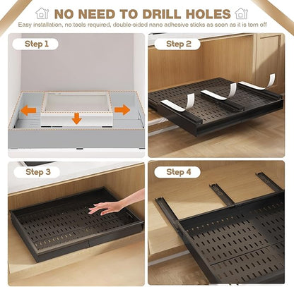 Seinloes 2 Pack Pull Out Cabinet Organizer With Raising Pad for Framed Cabinets,Expandable Width (15"-25") and Depth (17"-24"),3 Slide Rails Slide Out Drawers with Handle,No-Drill Roll Out Shelf,Black - Image 8