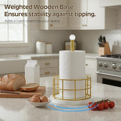 YATINEY Paper Towel Holder, Kitchen Paper Towel Holder for Countertop, Gold Paper Towel Stand with Wooden Base, Freestanding Kitchen Roll Holder, for Standard Size Rolls, Gold CJ05DW