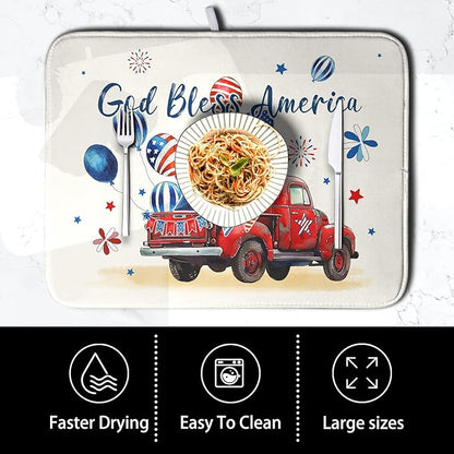 4th of July Drying Mat for Kitchen Counter 18 x 24 Inch US Independence Day Patriotic Truck Dish Drying Mat Polyester American Flag Dish Drainer Mat Super Absorbent Dish Rack Pad for Coffee Bar Sinks - Image 4