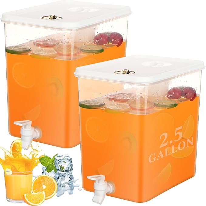 Domensi 2 Pack 2.5 Gallon Drink Dispenser for Fridge with Spigot Water Dispenser Leak Proof Lids Filter Screen Beverage Juice Container Sealed Plastic Lemonade Milk Cold Hot Drink Tea Jug for Party by Domensi