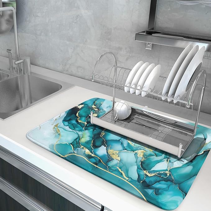 Giwawa Teal Marble Dish Drying Mat Turquoise Blue Marbling Print Dish Drainer Mats 18"x24" Modern Granite Microfiber Reversible Dish Drying Rack Pad Protector for Kitchen Countertop Decor