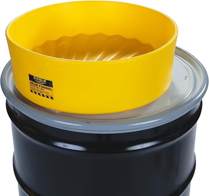 Eagle 1660 Drum Funnel – 18" Diameter, Yellow HDPE, Fits 30 & 55 Gallon Drums, 6" Side Walls to Reduce Splashing, Spout Fits 2" NPT Bung, Durable & Chemical-Resistant – Made in the USA - Image 5