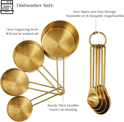 Golden 304 Stainless Steel Measuring Cups and Spoons Set,8PCS Stackable & Long Handle Fits Narrow Jars, Premium Gold Kitchen Accessories for Liquid & Dry Ingredients Baking Cooking, Durable&Rust-Proof