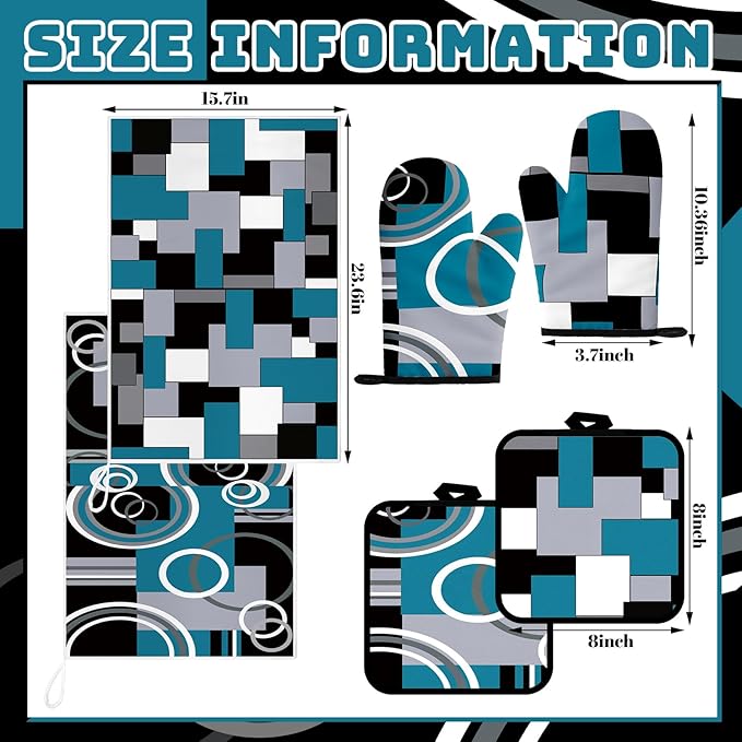 Jingmore 6 Pcs Kitchen Decor Set Accessory Farmhouse Kitchen Towels Pot Holders Oven Mitts Set 2 Dish Towels 2 Pot Holders 2 Cooking Mittens Oven Glove for Cooking(Teal,White, Gray,Geometric) - Image 4