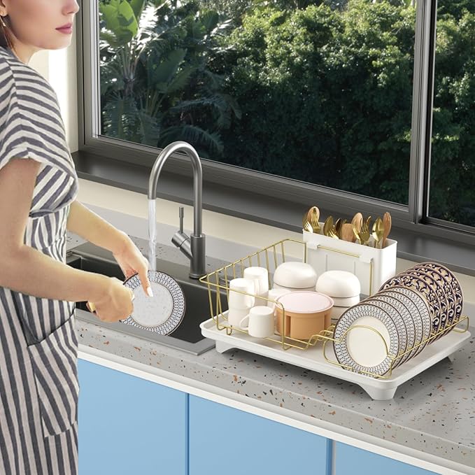 Buruis Dish Drying Rack for Kitchen Countertop, Large Capacity Gold Stainless Steel Dish Drainer with Anti-Slip Rubber Feet, Removable Drain Board and Utensil Holder (White Tray) - Image 9