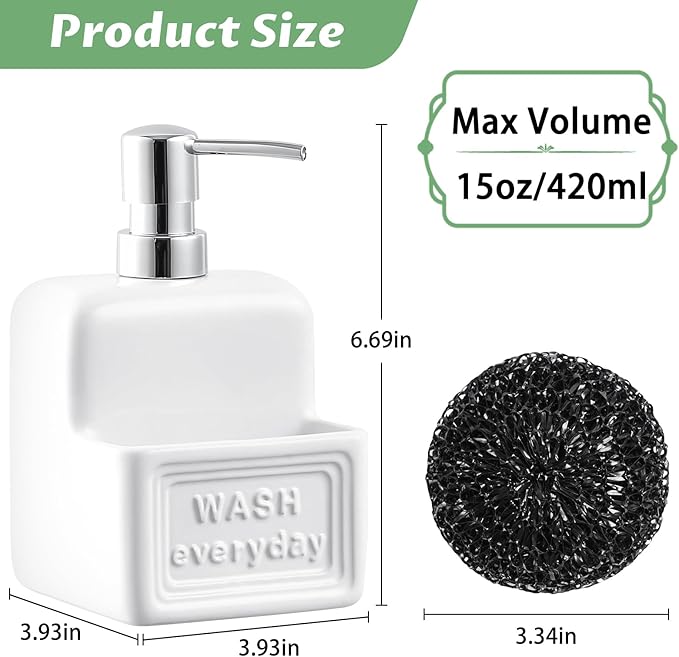 RQYIXI Soap Dispenser with Sponge Holder Ceramic Hand and Dish Soap Dispenser 15oz for Kitchen Bathroom