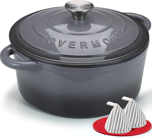 Overmont Enameled Cast Iron Dutch Oven - 7QT Pot with Lid Cookbook & Cotton Potholders - Heavy-Duty Cookware for Braising, Stews, Roasting, Sourdough Baking grey by Overmont