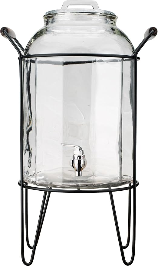 3 Gallon Glass Ice Cold Beverage Dispenser - With Glass Lid and Handle Drink Dispenser With Metal Stand, 100% Leak Proof Spigot- Wide Mouth Easy Filling For Outdoor, Parties & Daily Use