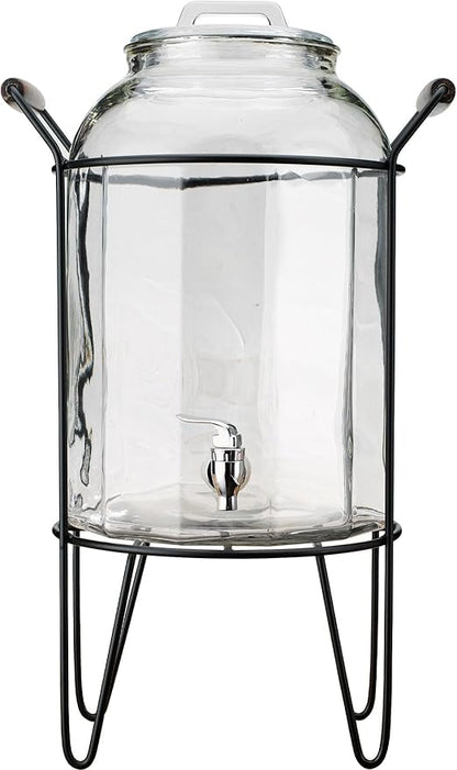 3 Gallon Glass Ice Cold Beverage Dispenser - With Glass Lid and Handle Drink Dispenser With Metal Stand, 100% Leak Proof Spigot- Wide Mouth Easy Filling For Outdoor, Parties & Daily Use