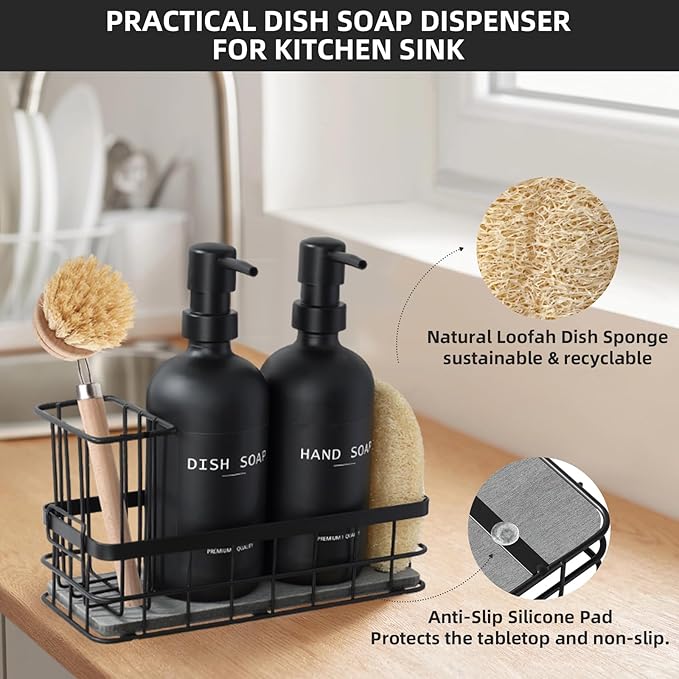 Dish Soap Dispenser for Kitchen, 16.9 fl oz Black Hand and Dish Soap Dispenser Set, Kitchen Soap Dispenser with Sponge Holder, Brush Holder and Loofah Sponge, Countertop Sink Organizer Accessories - Image 6