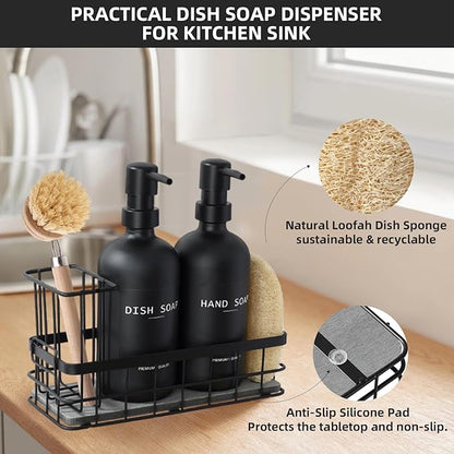 Dish Soap Dispenser for Kitchen, 16.9 fl oz Black Hand and Dish Soap Dispenser Set, Kitchen Soap Dispenser with Sponge Holder, Brush Holder and Loofah Sponge, Countertop Sink Organizer Accessories - Image 6