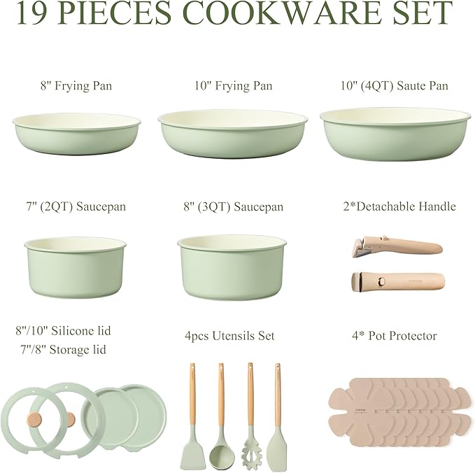 CAROTE Pots and Pans Set, Nonstick Cookware Set Detachable Handle, 19pcs Induction Kitchen Cookware Sets Non Stick with Removable Handle, RV Cookware Set, Oven Safe, Sage Green - Image 2