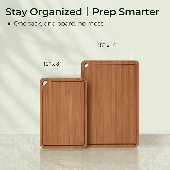 Keechee Butcher Block 2-Pcs Carbonized Bamboo Cutting Board Set With Juice Groove For Meal Prep & Cheese Serving - Ideal Kitchen Gift Set of 2 (M+L) - Image 5