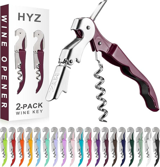 HYZ 2-Pack Wine Opener Waiter Corkscrew, Professional Wine Key for Servers, Bartender with Foil Cutter, Manual Wine Bottle Opener Double Hinged (Burgundy) by HYZ