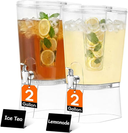 Lifewit 2 Gallon Drink Dispenser for Parties 2 Pcs, Large Plastic Beverage Container for Juice/Tea/Soda with Stand & Ice Core, Clear Lemonade Dispenser with Spigot, BPA Free Water Pitcher for Hosting by Lifewit